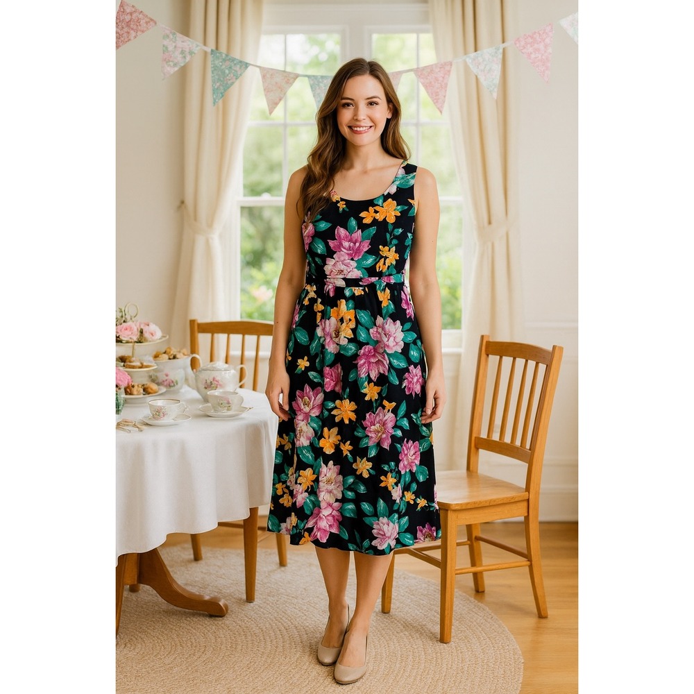 Lanz Originals Vintage Midi Dress Black Floral Tea Party Size 10 Sleeveless